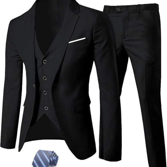 Men's Slim Fit 3 Piece Suit Jacket, Vest & Pants with Tie - Perfect Fit Large